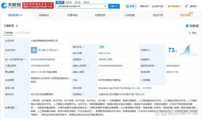 注册资本1000万人民币,经营范围包括大数据服务,人工智能基础软件开发